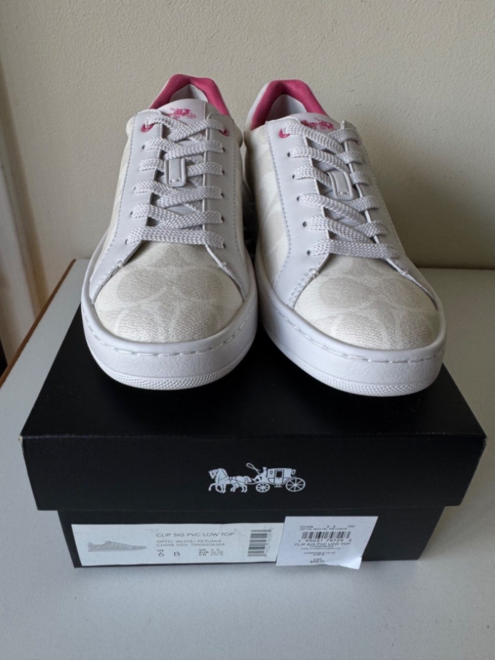Coach Clip Low Top Sneakers White Pink Signature PVC Size 6 Womens NWB
